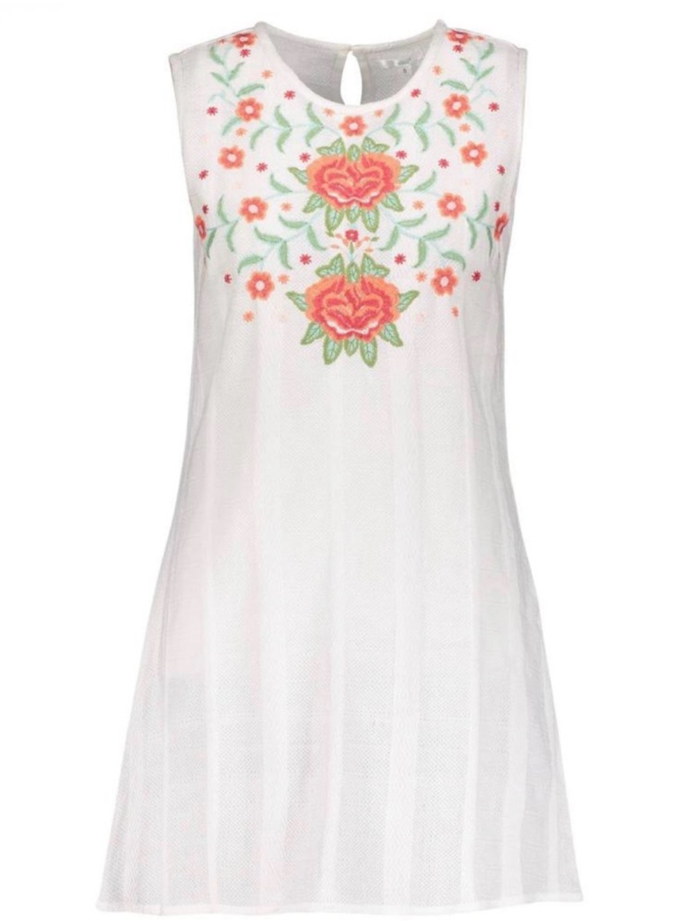 Sleeveless White Shift Dress with Pink Floral Embroidery